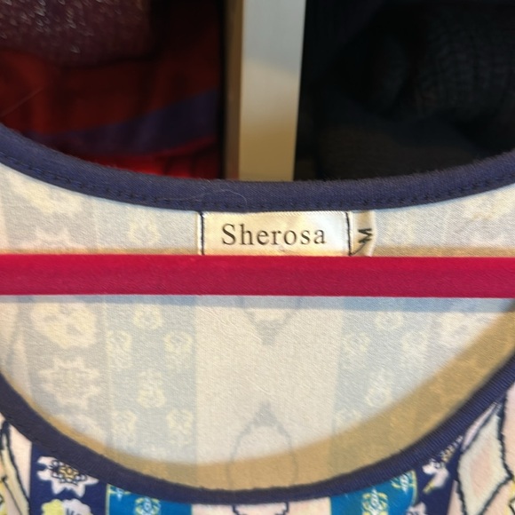 Sherosa navy/yellow/white print sleeveless elastic waistband maxi dress size M - Picture 2 of 3